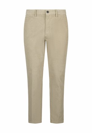 Beige Cordhosen mit gerader Beinlinie, ausgestattet mit einem vorderen Knopfverschluss und einer dezenten vertikalen Rippstruktur.
