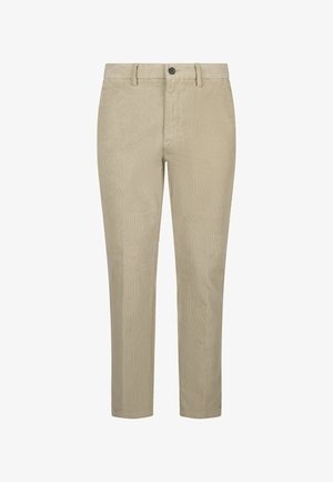 Pantalones de pana beige con una silueta de pierna recta, que presentan un cierre frontal con botones y una textura sutil de nervaduras verticales.