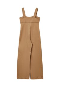 Ärmelloser beige Jumpsuit mit weitem Bein, quadratischem Ausschnitt und tailliertem Oberteil mit sichtbaren Nahtdetails.