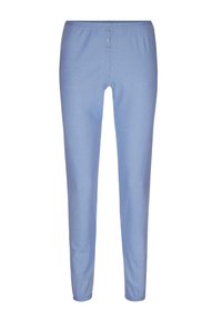 Lichtblauwe broek van ribstof. Heeft een aansluitend ontwerp met een zachte tailleband en drieknopsdetail aan de bovenkant.