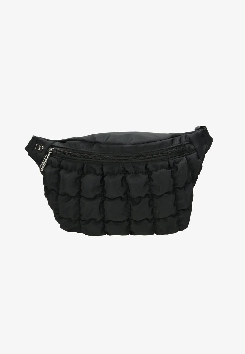 Sac banane en tissu matelassé noir avec poche zippée à l'avant et sangle réglable.