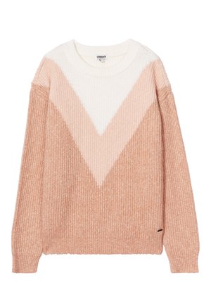 Suéter de punto en rosa y crema con un patrón en bloques de color en forma de V, textura acanalada, cuello redondo y mangas largas. Acabado sutilmente brillante.