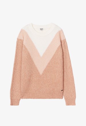 Suéter de punto en rosa y crema con un patrón en bloques de color en forma de V, textura acanalada, cuello redondo y mangas largas. Acabado sutilmente brillante.