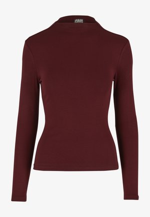 Bordo krāsas garu piedurkņu krekls ar pieguļošu dizainu, gludu tekstūru un apaļu apkakli. Aprīkots ar apaļiem aproču galiem un šūtu malu.