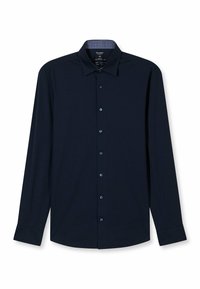 Dunkelblauses Langarmhemd mit klassischem Kragen und durchgehender Knopfleiste. Verfügt über passende Knöpfe und einen dezent gemusterten Innenkragen.