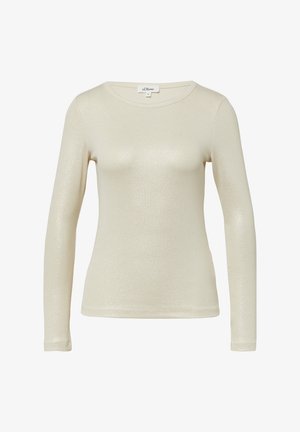 Crème-kleurige lang mouw fitted shirt met een subtiele glans en ronde halslijn, weergegeven op een witte achtergrond.