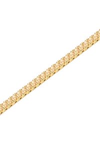 Zeltaini tonēta aproce ar vairākiem apaļiem, fasētiem akmeņiem, kas izvietoti saitēm dizainā, izceļot gludu, pulētu apdari.