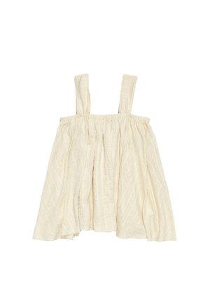 Vestido de algodón beige claro con tirantes anchos, cintura fruncida y tejido fluido y texturizado. Presenta un corte relajado y detalles en capas.