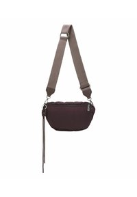 Borsa a tracolla in tessuto borgogna con forma arrotondata, tracolla regolabile marrone, hardware in metallo e accentuazione decorativa con cordoncino.