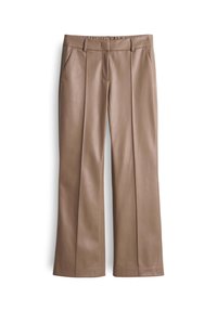 Bruine leren wijde broek met een gladde textuur, voorzien van voorplooien en zijzakken, ontworpen met een getailleerde tailleband.