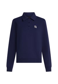 Mörkblå långärmad polo-skjorta i mjukt tyg, med en knappslå med tre knappar och en liten märkeslogotyp på vänster bröst.
