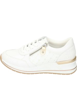 White sneaker with textured surface, lace-up front, side zipper, and gold accents. Features a cushioned sole and a slight wedge heel.