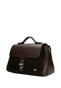 Borsa in pelle e camoscio marrone scuro con manico superiore, chiusura a giravite argentata e piccolo logo argento nell'angolo inferiore anteriore.