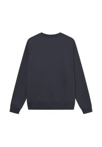 Felicità blu scuro con maniche lunghe, scollo a giro e polsini e orlo a coste. Texture liscia, design semplice, senza loghi o motivi visibili.