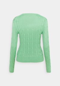 Pull-over vert clair à manches longues en maille torsadée, vu de dos, avec une taille cintrée et des bordures côtelées aux ourlets et aux poignets.