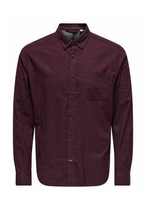 Burgundy long-sleeve button-up shirt made of textured fabric, featuring a classic collar, a left chest pocket, and black buttons.