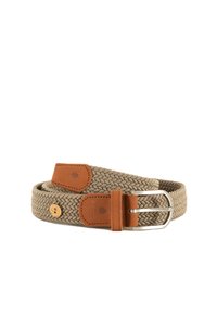 Ceinture en tissu beige tressé avec extrémités en cuir marron, boucle en métal argenté et petit détail bouton en bois.