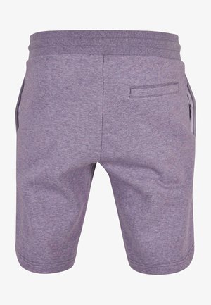 Lilla puuvillane lühikesed püksid elastse vöökoha, ühe tagatasku ja külgsirgete jaoks. Pehme tekstuur, põlvepikkune disain.