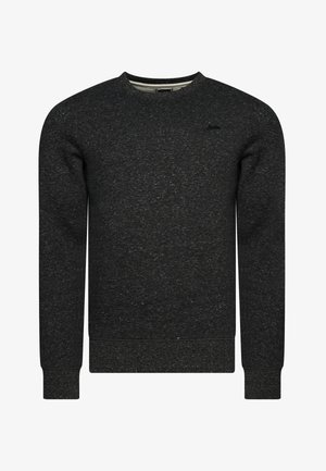 Sweat-shirt noir en tissu texturé avec un col rond, des manches longues, et des poignets et ourlets côtelés. Présente un logo discret sur la poitrine.