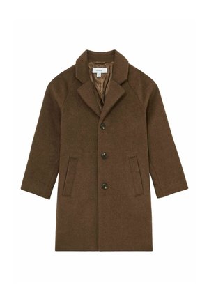 Bruine wollen jas met een gelapte kraag, vier knopen aan de voorkant, twee zijzakken en een gladde voering. Mouwen van 3/4 lengte.