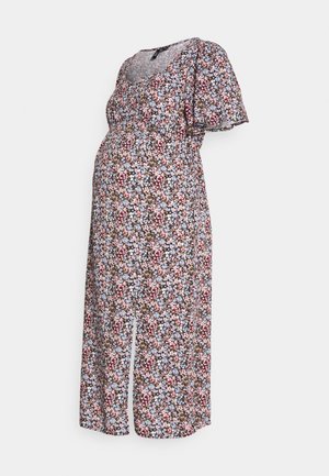 Abito premaman floreale con maniche corte, scollo rotondo, vita impero e spacco frontale, decorato con fiori rosa, blu e bianchi su uno sfondo scuro.