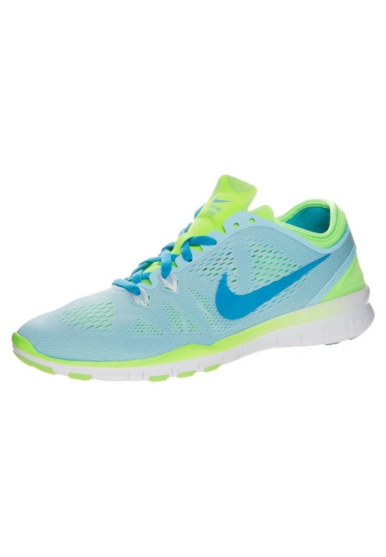 Light blue athletic shoes with a breathable mesh upper, green accents, blue Swoosh logo, and flexible white sole.