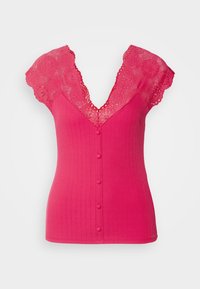 Haut côtelé sans manches rose vif avec boutons sur le devant et manches courtes en dentelle avec motifs floraux et bords festonnés.