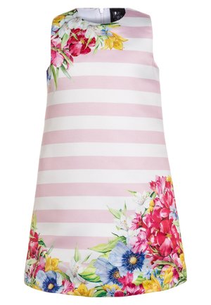 Robe en coton avec des rayures roses et blanches, présentant un motif floral aux couleurs vives le long de l'ourlet et un col rond discret.