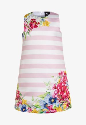 Baumwollkleid mit rosa-weißen Streifen, das einen floralen Muster mit lebendigen Farben am Saum und einen dezenten runden Ausschnitt aufweist.