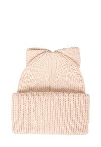 Jasnoróżowa dziana czapka beanie o ryflowanej strukturze, z detalem w kształcie kokardy na górze i złożonym mankietem na dole.
