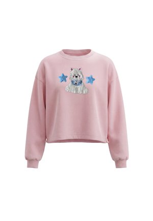 Pink cropped sweatshirt med lange ærmer med en tekstureret hvid hund iført en blå sløjfe og to blå stjerner på brystet.
