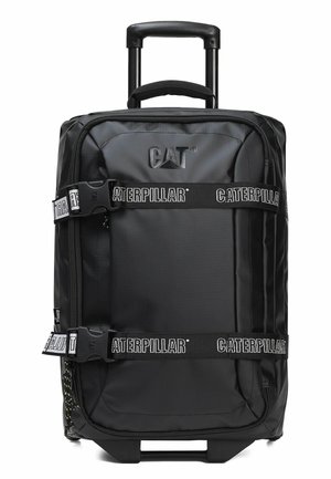 Maleta negra con ruedas Caterpillar con asa extensible, dos cierres de correa horizontales y parche con logo frontal.