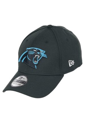 Black cap with a structured design, featuring a blue embroidered Carolina Panthers logo on the front and a New Era logo on the side.