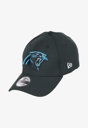 Black cap with a structured design, featuring a blue embroidered Carolina Panthers logo on the front and a New Era logo on the side.
