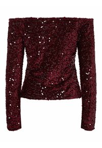 Burgunderfarvet top uden skuldre dækket af perler, lange ærmer, tætsiddende design, glat tekstur, med en let samlet talje.