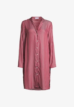 Gestreiftes Hemdkleid in Rot und Weiß aus leichtem Stoff, mit durchgehender Knopfleiste, langen Ärmeln und seitlichen Schlitzen.