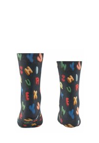 Schwarze Socken mit bunten, erhabenen Buchstaben und Symbolen in verschiedenen Farben. Hergestellt aus einem weichen Material, mit einer gerippten Textur am oberen Ende.