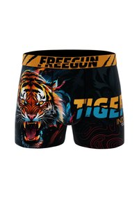Caleçons boxers noirs avec un graphique de tigre rugissant sur le côté gauche et le texte "TIGRE" en orange et bleu sur le côté droit, avec une taille en orange.
