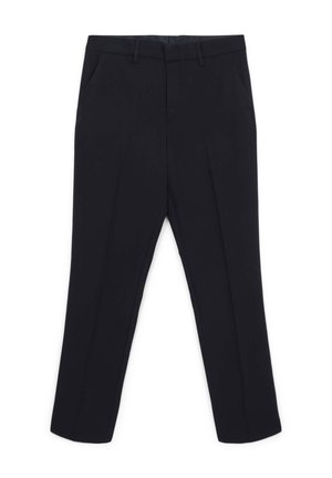 Pantaloni neri su misura realizzati in tessuto morbido, caratterizzati da due tasche frontali, una forma dritta e dettagli di piega precisi.