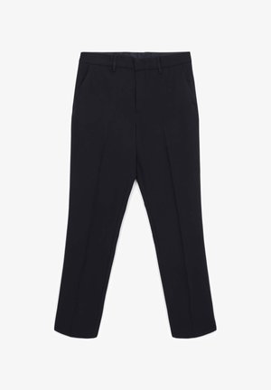 Pantaloni neri su misura realizzati in tessuto morbido, caratterizzati da due tasche frontali, una forma dritta e dettagli di piega precisi.