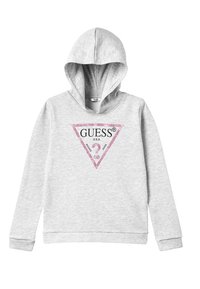 Sudadera gris con un logo triangular en purpurina rosa, "GUESS" en texto negro. Presenta un bolsillo frontal y puños y dobladillo de canalé. Textura de tela suave.