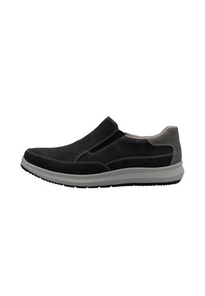 Black and gray slip-on shoes with suede and smooth leather upper, contrasting stitching, and a textured rubber sole.