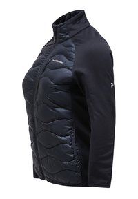 Gewatteerde donkerblauwe jas met een getailleerd ontwerp. Heeft een rits aan de voorkant, hoge kraag en contrasterende matte zwarte zijpanelen.