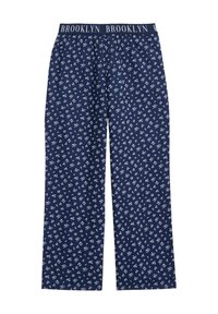 Marinblåa pyjamasbyxor med vitt blommönster, elastisk midja med "BROOKLYN"-logotyp, rak benmodell och knappfront.