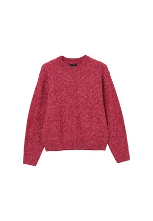 Maglione rosso lavorato a maglia con scollatura rotonda, motivo a treccia, maniche lunghe e orlo e polsini a coste. Texture morbida con un design spesso.
