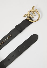 Melnas ādas josta ar zeltainu sprādzi, kas ir veidota divu putnu formā. Jostai ir vairāki caurumi, kas nodrošina regulējamu izmēru, un tai ir gluda tekstūra.