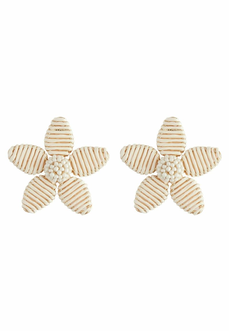 Flower-shaped earrings made of white material with gold stripes and a textured center, featuring five petals.