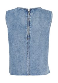 Denim ärmlös topp i ljusblått med en central dragkedja bak, med rak skärning och något fransad fåll.