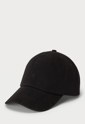 Casquette de baseball en coton noir avec une visière courbée, affichant des détails de couture subtils et un emblème à l'avant. Surface en tissu texturé.