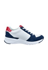 Weiße und marineblaue Wildledersneaker mit roten Akzenten, runder Zehenpartie, schnürbarer Vorderseite und einer gepolsterten Sohle für Komfort. Enthält strukturierte Einsätze.